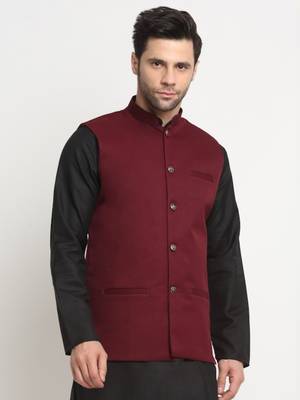 Men Twill Cotton Maroon Nehru Jacket Only 1