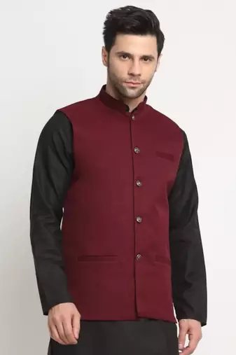 Men Twill Cotton Maroon Nehru Jacket Only