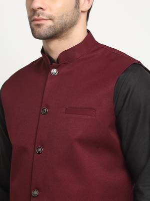 Men Twill Cotton Maroon Nehru Jacket Only 2