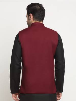 Men Twill Cotton Maroon Nehru Jacket Only 3