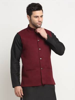 Men Twill Cotton Maroon Nehru Jacket Only 4