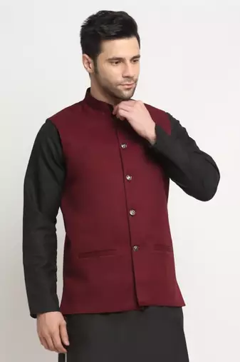 Men Twill Cotton Maroon Nehru Jacket Only