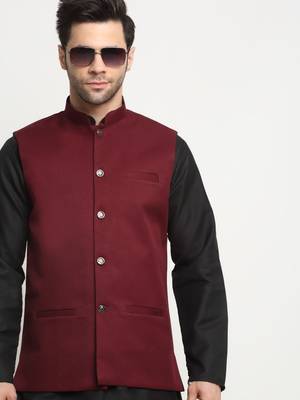 Men Twill Cotton Maroon Nehru Jacket Only 5