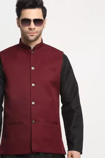 Men Twill Cotton Maroon Nehru Jacket Only