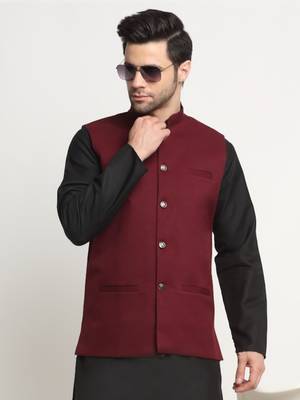 Men Twill Cotton Maroon Nehru Jacket Only 6