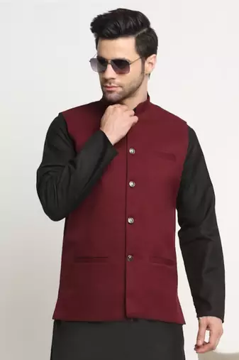 Men Twill Cotton Maroon Nehru Jacket Only