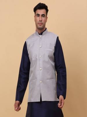 Men's Silk Striped Grey Waistcoat, Satin Lining Nehru Jacket Only 2