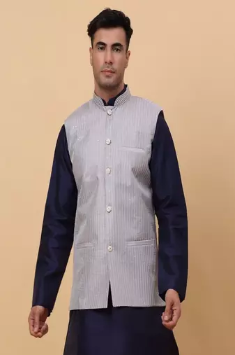 Men's Silk Striped Grey Waistcoat, Satin Lining Nehru Jacket Only