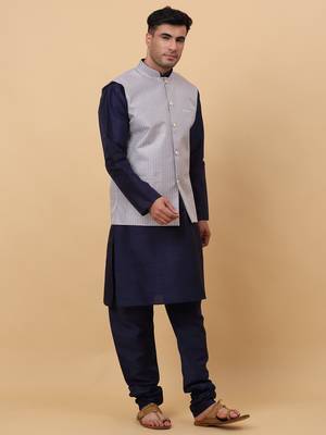 Men's Silk Striped Grey Waistcoat, Satin Lining Nehru Jacket Only 1