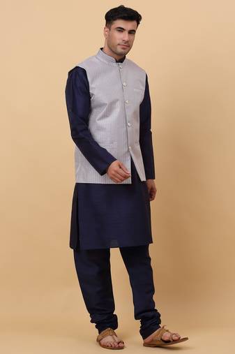 Men's Silk Striped Grey Waistcoat, Satin Lining Nehru Jacket Only