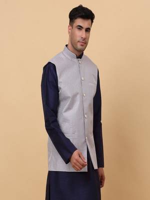 Men's Silk Striped Grey Waistcoat, Satin Lining Nehru Jacket Only 3