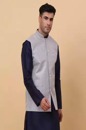 Men's Silk Striped Grey Waistcoat, Satin Lining Nehru Jacket Only