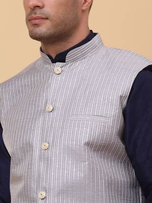 Men's Silk Striped Grey Waistcoat, Satin Lining Nehru Jacket Only 4