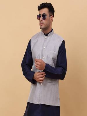 Men's Silk Striped Grey Waistcoat, Satin Lining Nehru Jacket Only 5