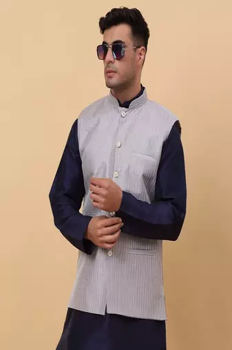 Men's Silk Striped Grey Waistcoat, Satin Lining Nehru Jacket Only