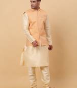 Men's Silk Striped Peach Waistcoat, Satin Lining Nehru Jacket Only