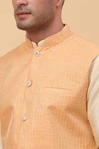 Men's Silk Striped Peach Waistcoat, Satin Lining Nehru Jacket Only