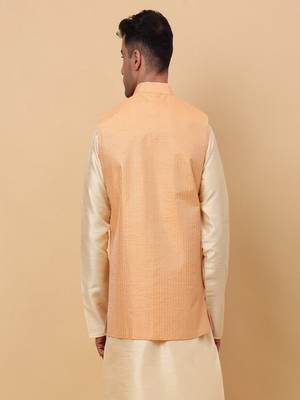 Men's Silk Striped Peach Waistcoat, Satin Lining Nehru Jacket Only 3