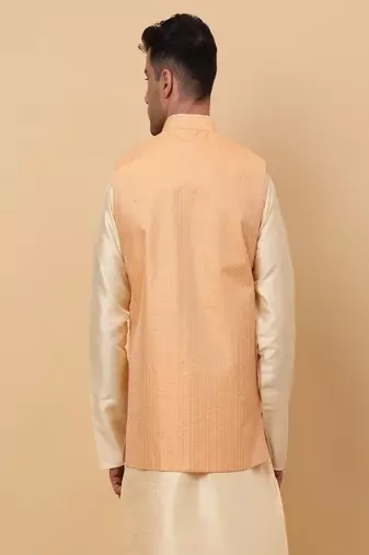 Men's Silk Striped Peach Waistcoat, Satin Lining Nehru Jacket Only