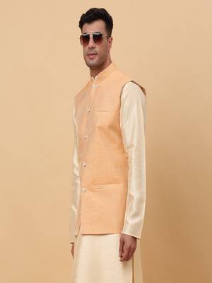 Men's Silk Striped Peach Waistcoat, Satin Lining Nehru Jacket Only 4