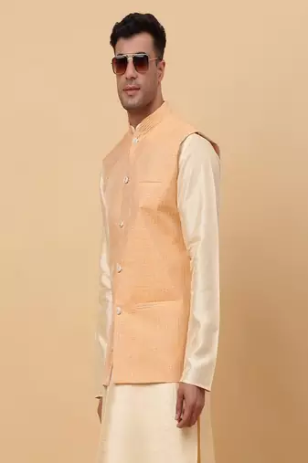 Men's Silk Striped Peach Waistcoat, Satin Lining Nehru Jacket Only