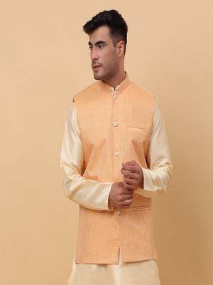 Men's Silk Striped Peach Waistcoat, Satin Lining Nehru Jacket Only 5