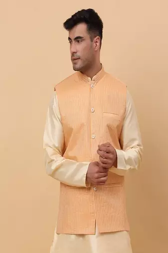 Men's Silk Striped Peach Waistcoat, Satin Lining Nehru Jacket Only