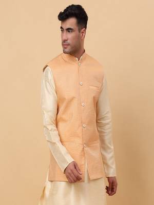 Men's Silk Striped Peach Waistcoat, Satin Lining Nehru Jacket Only 6