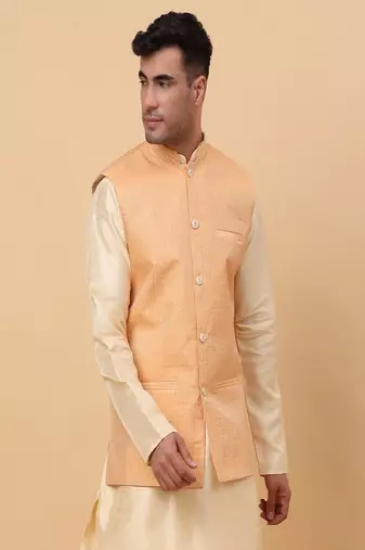 Men's Silk Striped Peach Waistcoat, Satin Lining Nehru Jacket Only