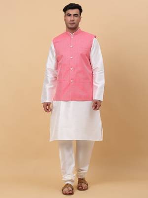 Men's Silk Striped Pink Waistcoat, Satin Lining Nehru Jacket Only 1