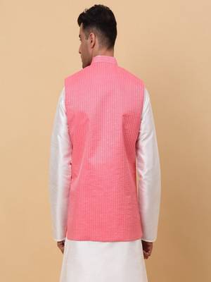 Men's Silk Striped Pink Waistcoat, Satin Lining Nehru Jacket Only 3