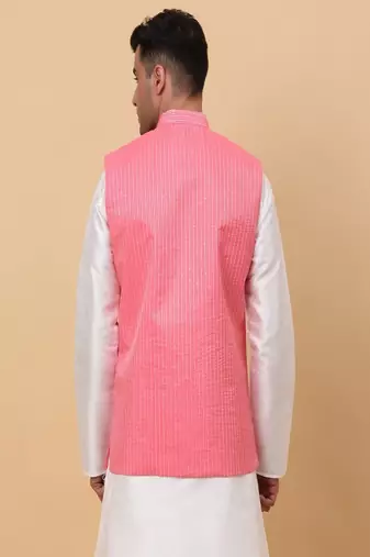 Men's Silk Striped Pink Waistcoat, Satin Lining Nehru Jacket Only