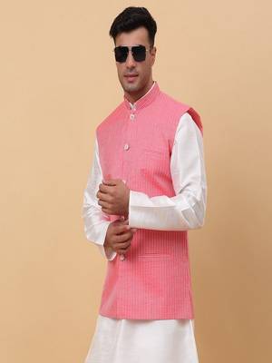 Men's Silk Striped Pink Waistcoat, Satin Lining Nehru Jacket Only 4