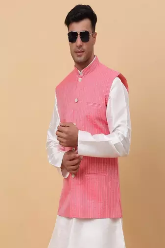 Men's Silk Striped Pink Waistcoat, Satin Lining Nehru Jacket Only