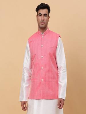 Men's Silk Striped Pink Waistcoat, Satin Lining Nehru Jacket Only 5