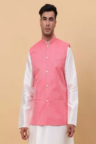 Men's Silk Striped Pink Waistcoat, Satin Lining Nehru Jacket Only