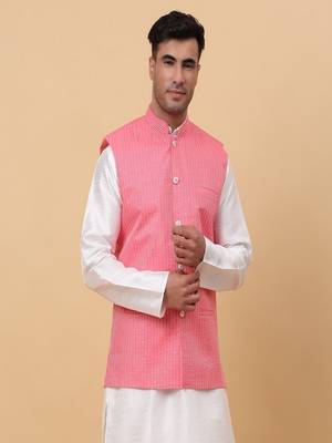 Men's Silk Striped Pink Waistcoat, Satin Lining Nehru Jacket Only 6