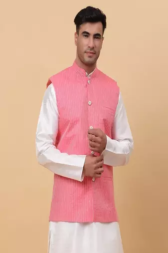 Men's Silk Striped Pink Waistcoat, Satin Lining Nehru Jacket Only