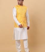 Men's Silk Striped Yellow Waistcoat, Satin Lining Nehru Jacket Only