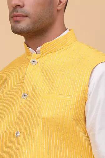 Men's Silk Striped Yellow Waistcoat, Satin Lining Nehru Jacket Only