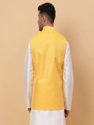 Men's Silk Striped Yellow Waistcoat, Satin Lining Nehru Jacket Only 3