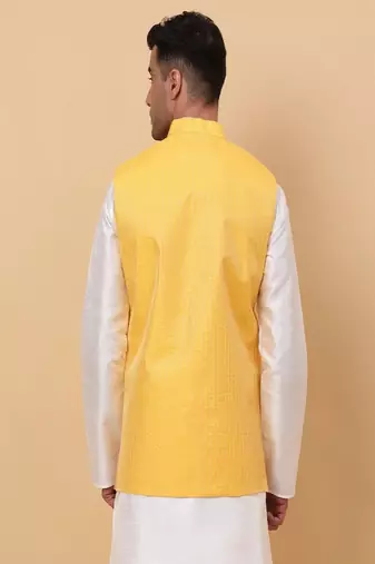 Men's Silk Striped Yellow Waistcoat, Satin Lining Nehru Jacket Only
