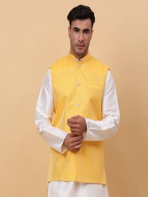 Men's Silk Striped Yellow Waistcoat, Satin Lining Nehru Jacket Only 4