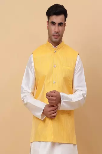 Men's Silk Striped Yellow Waistcoat, Satin Lining Nehru Jacket Only