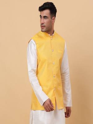 Men's Silk Striped Yellow Waistcoat, Satin Lining Nehru Jacket Only 5