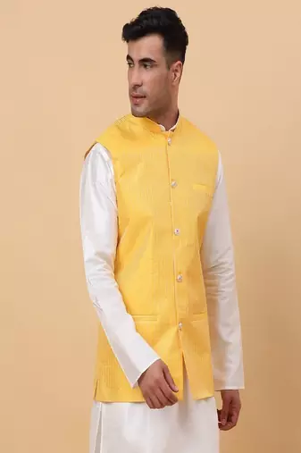 Men's Silk Striped Yellow Waistcoat, Satin Lining Nehru Jacket Only