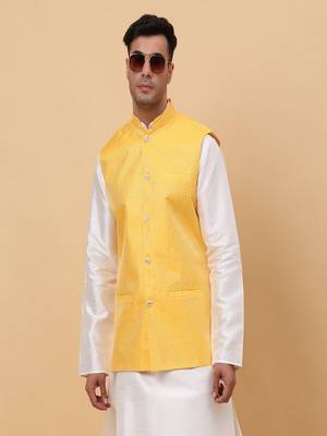Men's Silk Striped Yellow Waistcoat, Satin Lining Nehru Jacket Only 6