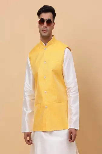 Men's Silk Striped Yellow Waistcoat, Satin Lining Nehru Jacket Only