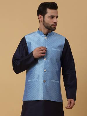 Men's Silk Blend Geometric Jacquard Blue Nehru Jacket 1