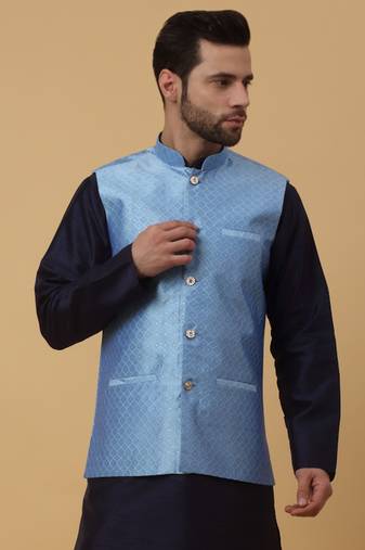 Men's Silk Blend Geometric Jacquard Blue Nehru Jacket